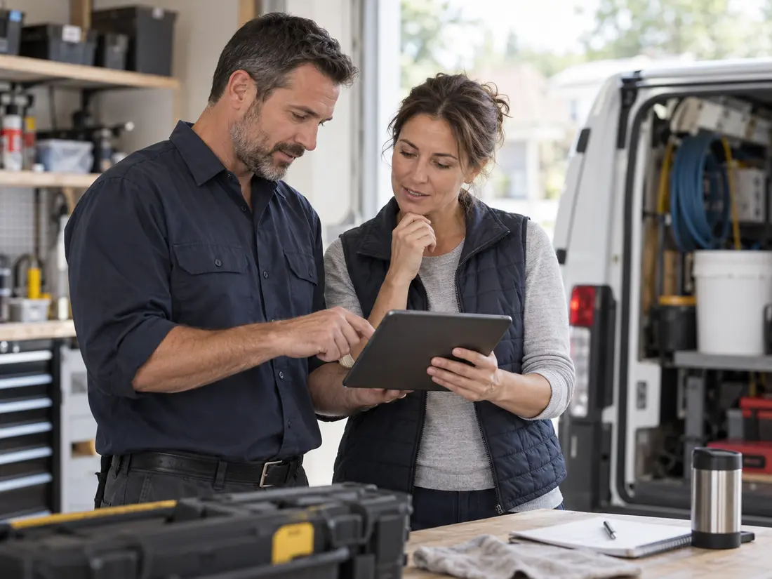 Illustrative scene of home-service professionals reviewing business information together on a tablet.