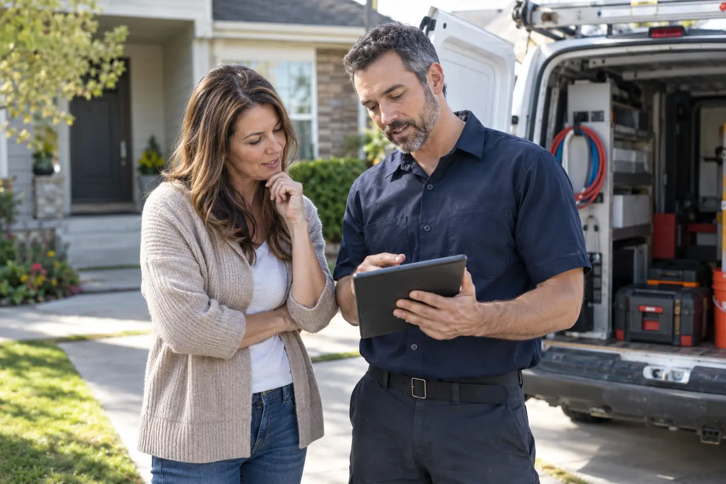 Illustrative scene of a home-service technician reviewing project details with a homeowner beside a service van.